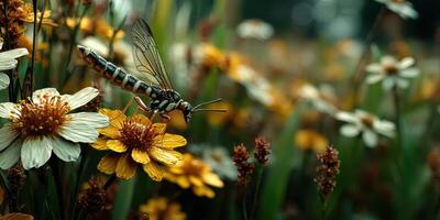 Insect perched on vibrant flowers in a meadow during bright daylight photo