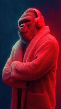 Gorilla in a fluffy robe and headphones relaxing against a colorful backdrop in a creative studio session photo