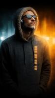 Musician with headphones stands confidently against a vibrant backdrop of sound waves in a modern urban setting photo