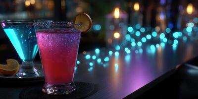 Colorful drinks on a bar counter with glowing lights in the background during a lively night out photo