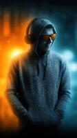 Stylish young man wearing headphones and sunglasses in a trendy urban environment with vibrant colors photo