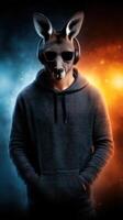 Kangaroo character wears headphones and sunglasses in a dramatic split-color background with orange and blue tones photo