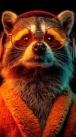 Raccoon wearing glasses and headphones while lounging in a cozy robe at night, showcasing a playful personality photo