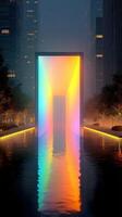 Vibrant illuminated structure reflecting in water at night in an urban setting with tall buildings photo
