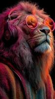 Lion wearing headphones and sunglasses enjoys music in vibrant colors photo