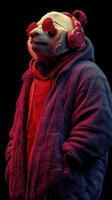 Stylish panda wearing headphones and sunglasses enjoys vibrant urban vibes at night photo