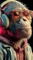 Stylish monkey listens to music with headphones and glasses in a virtual environment during a creative session photo