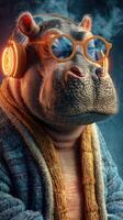 Hippo wearing glasses and headphones, relaxing at home in a cozy robe with a stylish background photo
