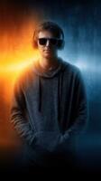 Young man in hoodie with headphones poses against a vibrant orange and blue background photo