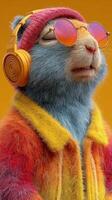 Stylish cartoon animal enjoys music with colorful attire and headphones in a vibrant setting photo