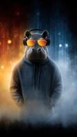 Hippo wearing headphones and sunglasses stands coolly in a vibrant, colorful setting with contrasting lighting effects photo
