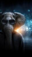 Elephant with sunglasses and hoodie stands confidently against a glowing background photo