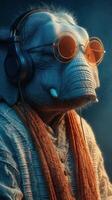 Elephant wearing orange glasses and headphones enjoys music indoors during a relaxed evening photo