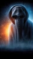 Elephant in a hoodie with sunglasses stands dramatically against contrasting blue and orange backgrounds photo