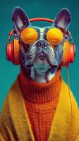 French bulldog wearing sunglasses and headphones while relaxing at home, showcasing a stylish and cozy vibe photo