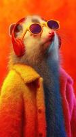 Stylish opossum wearing sunglasses and headphones in a vibrant orange and yellow setting during a sunny day photo