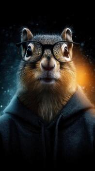 Squirrel wearing glasses and hoodie poses with an expressive gaze against a moody background photo