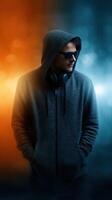 Man in hoodie and sunglasses stands confidently against a vibrant backdrop of orange and blue hues photo