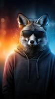 Stylish anthropomorphic fox wearing sunglasses in a hoodie against a vibrant blue and orange gradient background photo