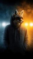Fox character wearing sunglasses and headphones in a stylish urban setting with dynamic lighting at night photo
