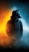Stylish anthropomorphic fox character in vibrant colors with headphones and hoodie against a dynamic background photo
