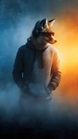 Stylish anthropomorphic fox wearing headphones in a dramatic smoke-filled environment photo