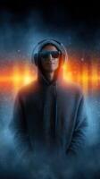 Young man in hoodie and sunglasses with headphones surrounded by vibrant sound waves in a creative atmosphere photo