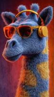 Brightly colored furry giraffe wears sunglasses and headphones in a vibrant studio setting photo