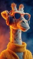 Giraffe wearing headphones and sunglasses in a vibrant, colorful setting, showcasing a playful and fun atmosphere photo