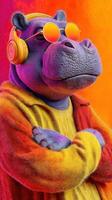 Hippo wearing sunglasses and headphones in a colorful background during a vibrant, artistic showcase photo