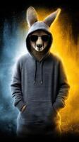 Kangaroo wearing hoodie and sunglasses presents a unique blend of style and attitude in a dynamic color backdrop photo
