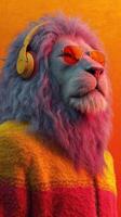 Creative lion wearing sunglasses and headphones, stylishly posing with vibrant orange and yellow background photo