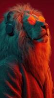 Lion wearing headphones and sunglasses poses against a vibrant background photo