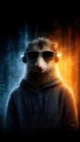 Hedgehog wearing sunglasses and headphones in a cool, colorful digital art setting photo