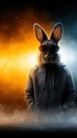 Rabbit wearing sunglasses and hoodie showcases a confident pose against a vibrant background in an imaginative setting photo