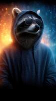Raccoon character in hoodie and sunglasses with a colorful background at night photo