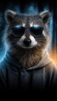 Stylish raccoon wearing sunglasses and hoodie in a mysterious forest setting at night photo