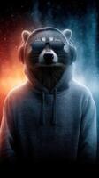 Raccoon wearing headphones and sunglasses in a stylish urban setting during a nighttime display of contrasting colors photo