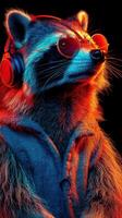 Raccoon wearing sunglasses and headphones enjoys music in neon lighting photo