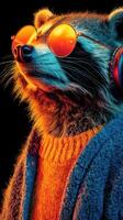 Raccoon wearing sunglasses and a cozy sweater enjoys a stylish look against a vibrant background photo