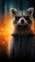 Raccoon wearing sunglasses and a hoodie strikes a cool pose in a forest setting at twilight photo