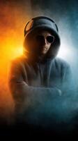 Mysterious figure in headphones and sunglasses illuminated by dramatic lighting in a foggy atmosphere photo
