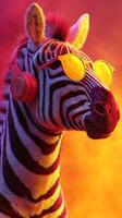 Zebra wearing sunglasses and headphones against a vibrant orange and purple background photo