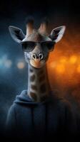 Giraffe wears sunglasses and hoodie in a nighttime urban setting with dramatic lighting photo