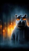 Hippo wearing sunglasses and hoodie in urban setting with bright blurred lights at night photo
