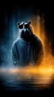 Hippo wearing sunglasses in a stylish hoodie enjoying colorful lighting effects photo