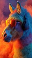 Colorful unicorn with sunglasses and headphones in vibrant, smoky background during a magical night scene photo