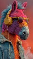 Colorful horse with headphones and sunglasses enjoying a vibrant sunset in an urban setting photo