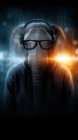 Elephant wearing headphones and glasses in modern digital art with cool lighting and vibrant colors photo