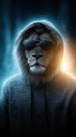 Lion dressed in a hoodie and sunglasses exudes coolness in a dramatic, stylized environment photo